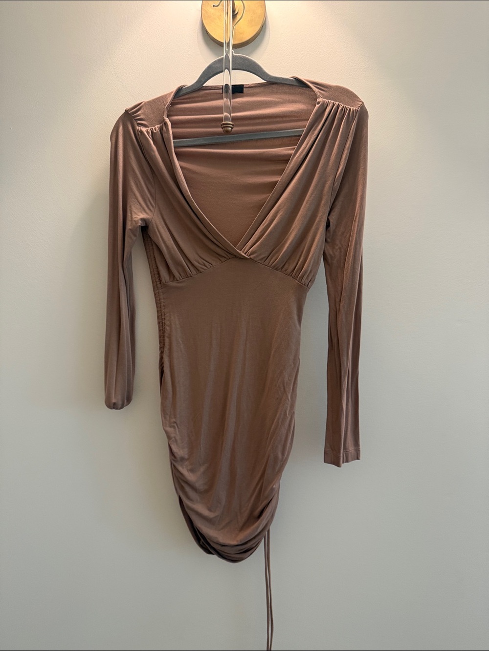 NBD Long Sleeve Ruched Bodycon Dress in Mauve Brown
